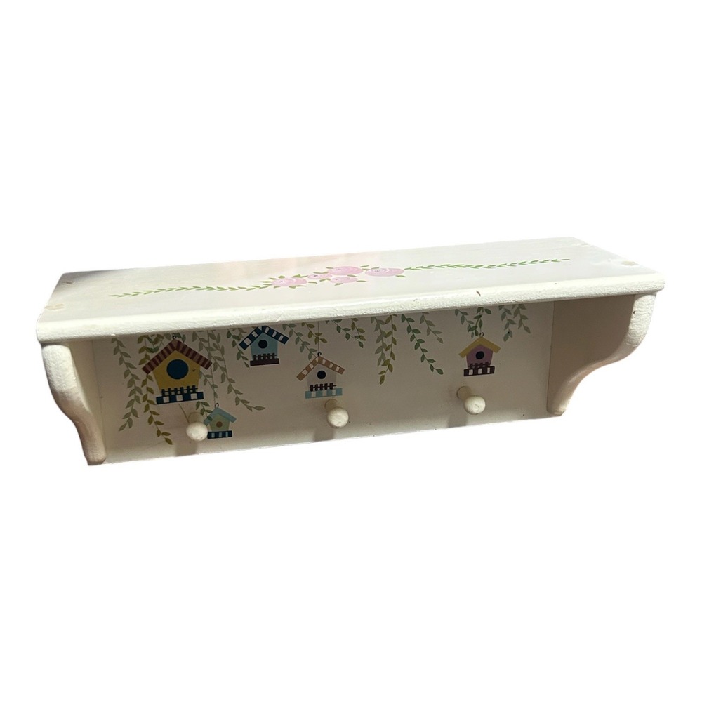 Hand-painted Birdhouse and Floral Peg Hooks Shelf Room Decor
